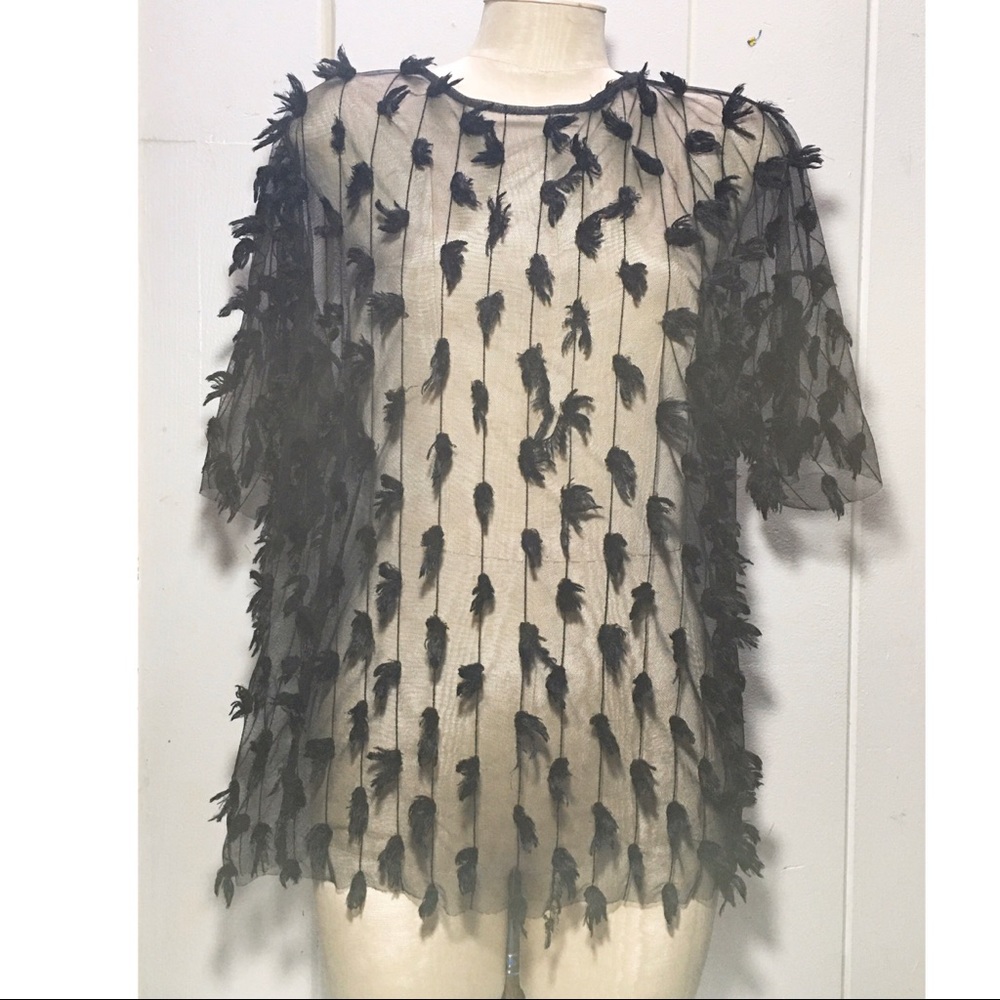 **3/$30** Bershka Black Mesh Top Feather Accents M
